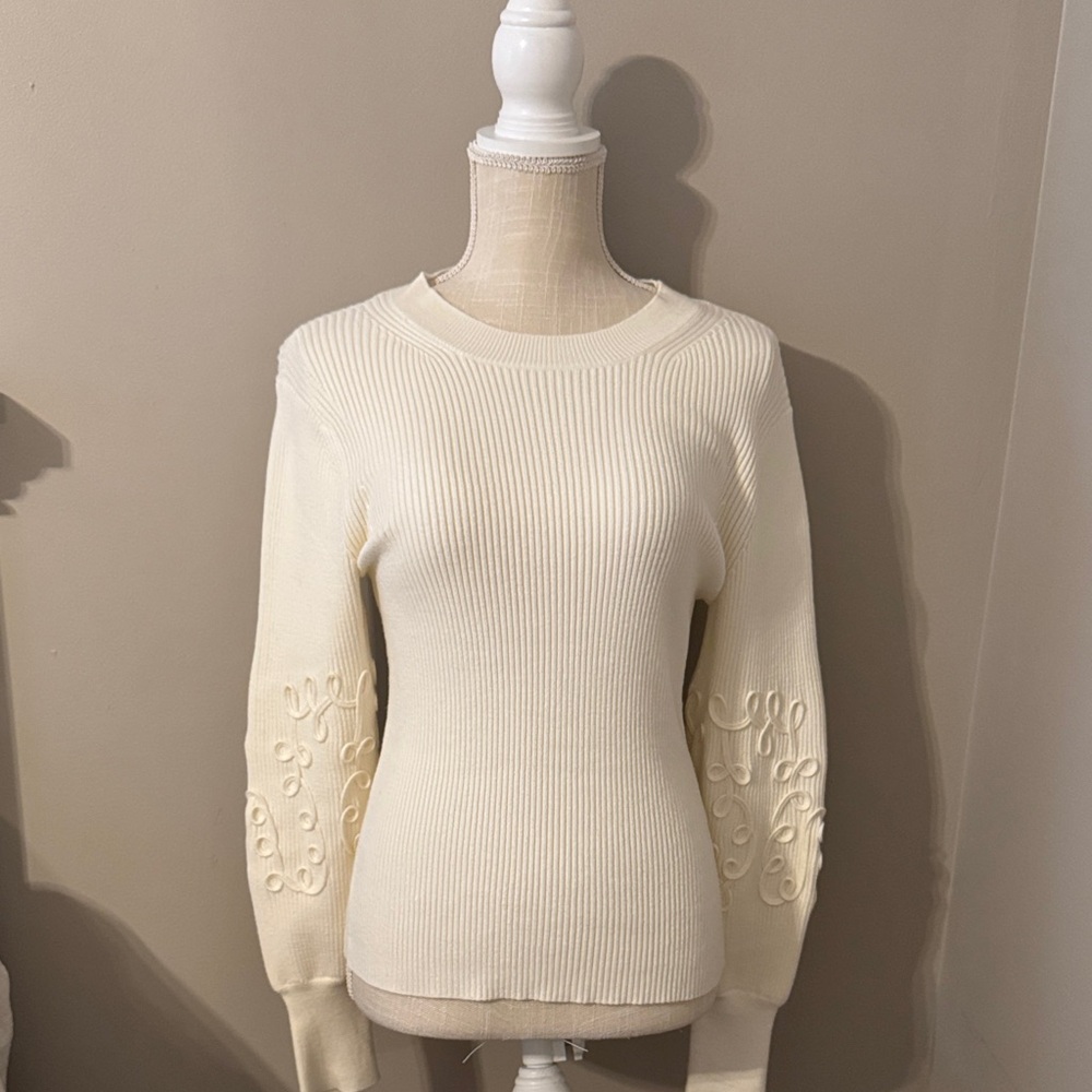 Chic Cream Sweater with Embroidered Sleeves